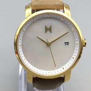 MVMT Watch Women 38mm Gold Tone MOP Dial Date Leather Band New Battery